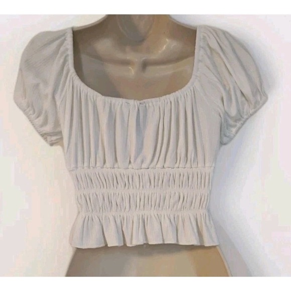 Forever‎ 21 Ivory Cropped Smock Peasant Top Y2K Short Puff Sleeve Women's Size S - Picture 2 of 3